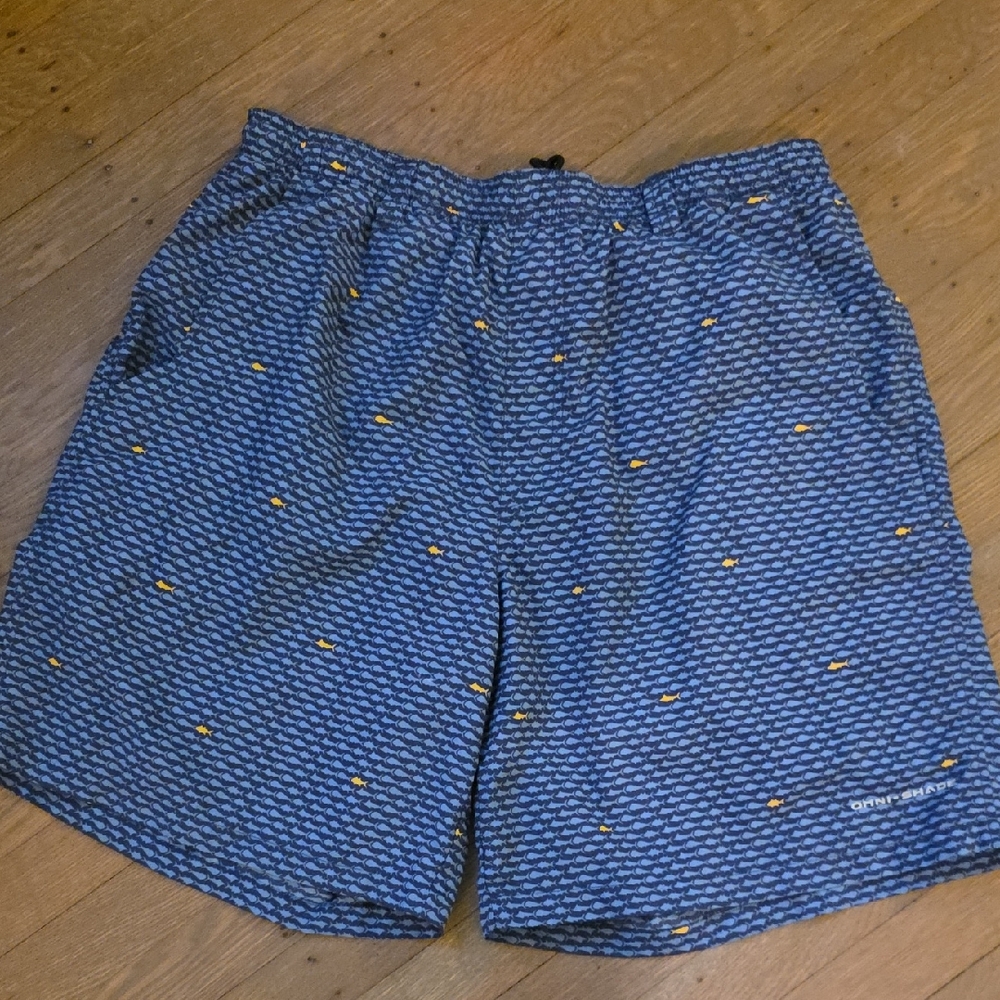 Columbia -PFG Omni-Shade Mens Navy Fish Patterned Swim Trunks. Size Large